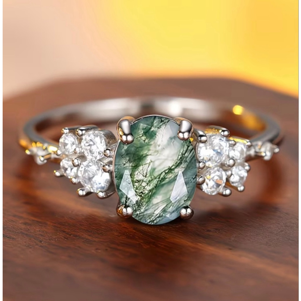 Green Moss Agate Oval Halo Ring with Clear Crystal Accents